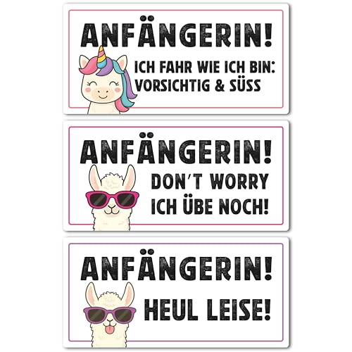 P010 Anfänger Aufkleber 3er Set – Auswahl: Anfänger oder Anfängerin – Lustige Autoaufkleber für Fahranfänger – wetterfest – PrintAttack – je 17x8,5 cm (Variante 1 Anfängerin) von PrintAttack
