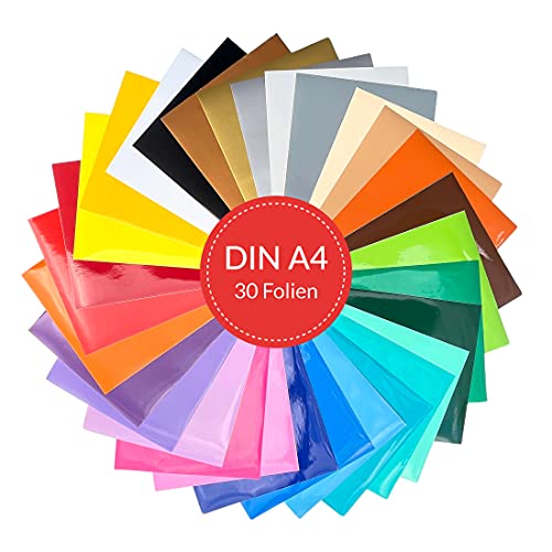PrintAttack D009 Vinylfolien Set selbstklebend DIN A4 Ora. 621 glänzend Plotter Folien zum Plotten Bastelfolie Klebefolie viele Farben Mix Bunt je 21x29,7cm (V2: 30er-Set Bunt Glanz) von PrintAttack