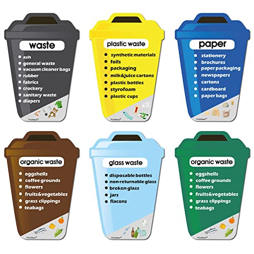 PrintAttack P038 Mülltrennung Aufkleber Set Deutsch oder Englisch für Mülltonne Vinyl Verschiedene Größen Kratz, Wetter UV-Schutz Plastik Glas Papier Restmüll Bio (V4_6er Set XXL Englisch) von PrintAttack
