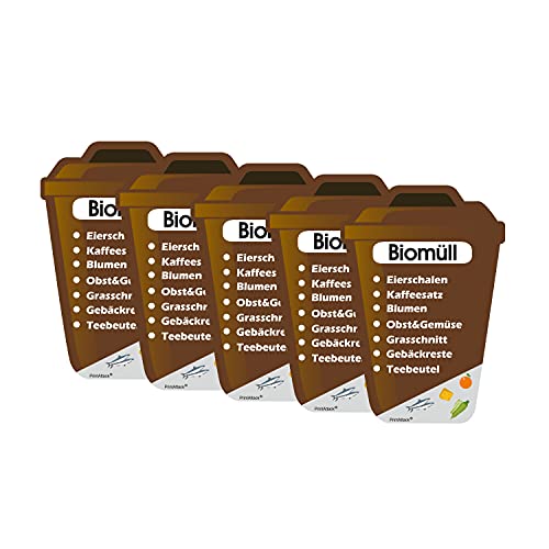 P038 PrintAttack Mülltrennung Aufkleber Set Deutsch oder Englisch für Mülltonne Vinyl verschiedene Größen Kratz, Wetter UV-Schutz für innen und außen Plastik Glas Papier Restmüll (V1_5x Biomüll Braun) von PrintAttack