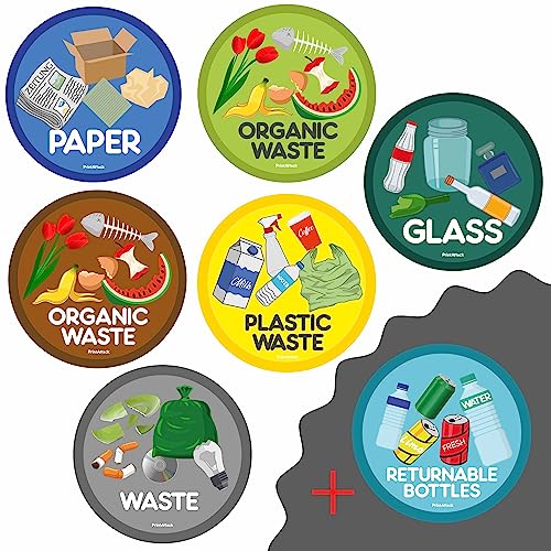 P040 | PrintAttack 6+1 Set Mülltrennung Aufkleber Kratz, Wetter & UV beständig | Ø je 95 mm (6+1 Set V2 Englisch) von PrintAttack