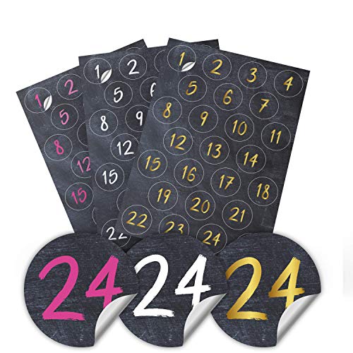PrintAttack P075 | Adventskalender Weihnachtskalender Sticker Zahlen 1 bis 24 Aufkleber - Schiefer/Tafel - Sticker 4 cm - zum basteln und aufkleben (V2 Pink, 3 Bögen) von PrintAttack