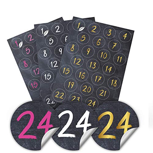 PrintAttack P075 | Adventskalender Weihnachtskalender Sticker Zahlen 1 bis 24 Aufkleber - Schiefer/Tafel - Sticker 4 cm - zum basteln und aufkleben (V3 Weiß, 3 Bögen) von PrintAttack