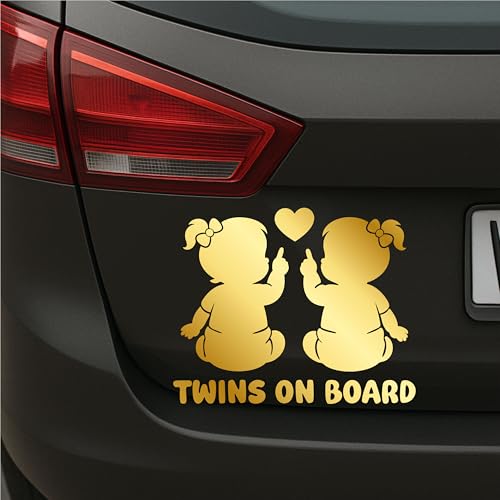 Twins on Board Aufkleber Auto Baby Sticker Zwillinge - wetterfest Handmade in Deutschland 13x10 cm Junge-Junge, Junge-Mädchen, Mädchen-Mädchen (Gold, V3 Mädchen - Mädchen) von PrintAttack