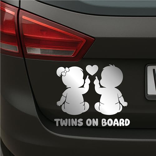 Twins on Board Aufkleber Auto Baby Sticker Zwillinge - wetterfest Handmade in Deutschland 13x10 cm Junge-Junge, Junge-Mädchen, Mädchen-Mädchen (Silber, V2 Junge - Mädchen) von PrintAttack