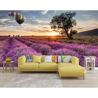 Lavendel Traum Wandbild, Heißluftballon Tapete, Großes Wandbild, Selbstklebendes Peel & Stick Sonnenuntergang Wandbedeckung von PrintDecorShop