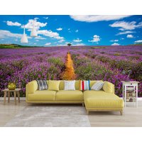 Lavendelfeld Tapete Wandbild, Lavendel Wandbild, Lila Landschaft Wand Wandbild, Große Blumen Dekor, Abnehmbare Peel & Stick Wandbild von PrintDecorShop