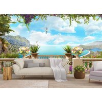 Mediterrane Terrassentapete Wandbild, Terrasse Garten Wand Wandbild, Große Selbstklebend Peel & Stick Wandbild, Blumen Wandbedeckung von PrintDecorShop