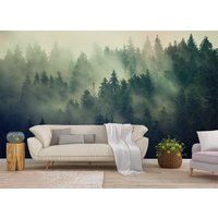 Misty Morning Wallpaper Wandbild, Bergwald Wand Wandbild, Große Selbstklebend Peel & Stick Wandbild, Neblige Wald Wandbedeckung von PrintDecorShop