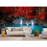 Rotes Wasserfall Wandbild, Herbst Wald Tapete, Große Wand Wandbild, Selbstklebende Schale & Stock Wandbild, Thailand Dschungel Wandbedeckung von PrintDecorShop