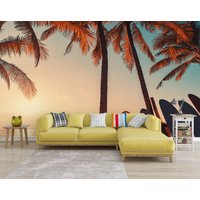 Vintage Palmen Tapete, Surfing Tapete Wandbild, Große Wand Wandbild, Selbstklebend Peel & Stick Strand Wandbedeckung von PrintDecorShop