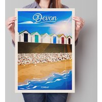 Devon Reise Poster | Torbay Broadsands Strand Süd-Devon England Strandhütten Wandkunst Home Decor Kunstwerk Hochzeitsgeschenk De von Printagonist