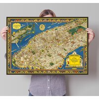 Manhattan Map - A Of The Wondrous Isle Old Vintage Pictorial Poster 1926 Charles Vernon Farrow Print von Printagonist