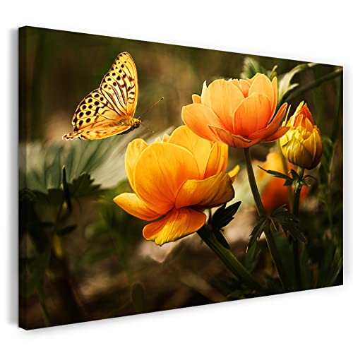 Printed Paintings Leinwand (80x60cm): Blumenbilder Schmetterling auf gelb-orangen Blumen von Printed Paintings