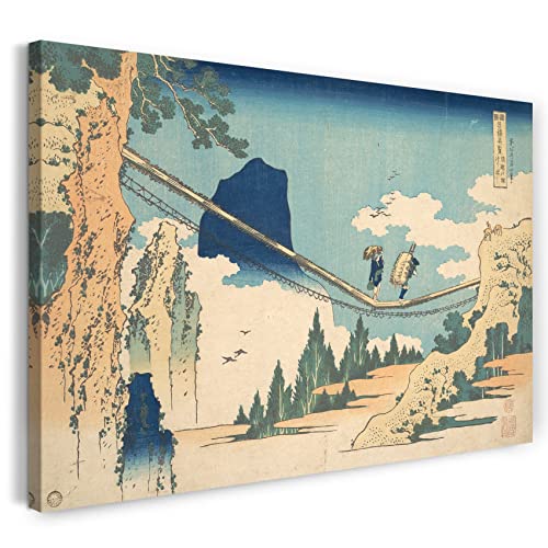 Leinwand (80x60cm): Katsushika Hokusai - Die Hängebrücke an der Grenze der Hida von Printed Paintings