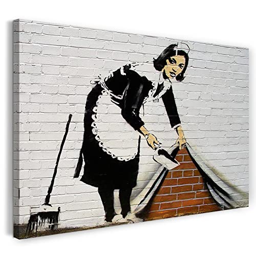 Leinwandbild (30x20cm) Banksy: Putzfrau kehrt Dreck unter Wand-Bemalung Graffiti Street Art, Leinwand auf Keilrahmen gespannt und fertig zum Aufhängen, hochwertiger Kunstdruck aus deutscher Produkt.. von Printed Paintings