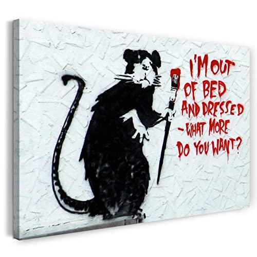 Leinwandbild (30x20cm) Banksy: Ratte mit Pinsel "What do you want?" Rat I'm out of bed Graffiti-Wandbild, Leinwand auf Keilrahmen gespannt und fertig zum Aufhängen, hochwertiger Kunstdruck aus deut.. von Printed Paintings