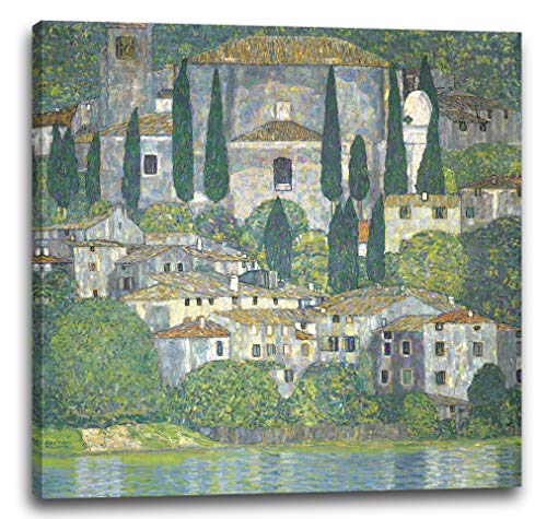 Leinwandbild (30x30cm) Gustav Klimt: Kirche in Cassone (Landschaft mit Zypressen) (1913), Leinwand auf Keilrahmen gespannt und fertig zum Aufhängen, hochwertiger Kunstdruck aus deutscher Produktion von Printed Paintings