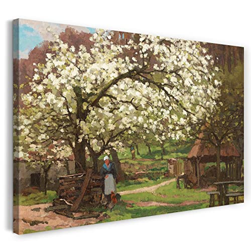 Leinwandbild (40x30cm) Alfred Sisley: Frühling, Bäuerin unter blühenden Bäumen, Leinwand auf Keilrahmen gespannt und fertig zum Aufhängen, hochwertiger Kunstdruck aus deutscher Produktion von Printed Paintings
