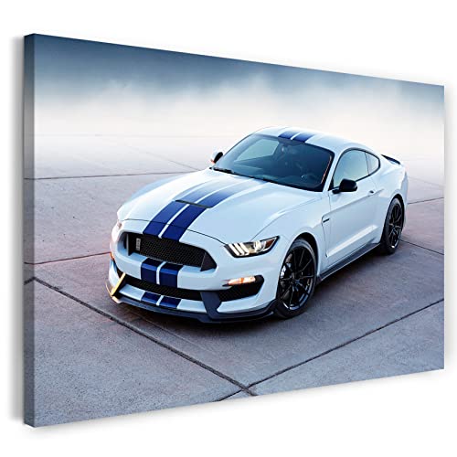 Leinwandbild (40x30cm) Autobilder Ford Mustang weiß mit blauen Streifen, Leinwand auf Keilrahmen gespannt und fertig zum Aufhängen, hochwertiger Kunstdruck aus deutscher Produktion von Printed Paintings