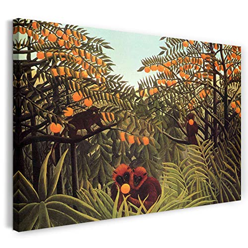 Leinwandbild (40x30cm) Henri Rousseau: Affen in den Orangen-Bäumen, Leinwand auf Keilrahmen gespannt und fertig zum Aufhängen, hochwertiger Kunstdruck aus deutscher Produktion von Printed Paintings