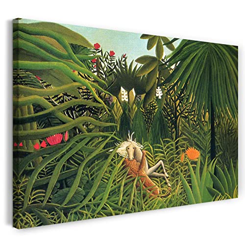 Leinwandbild (40x30cm) Henri Rousseau: Jaguar attackiert ein Pferd, Leinwand auf Keilrahmen gespannt und fertig zum Aufhängen, hochwertiger Kunstdruck aus deutscher Produktion von Printed Paintings