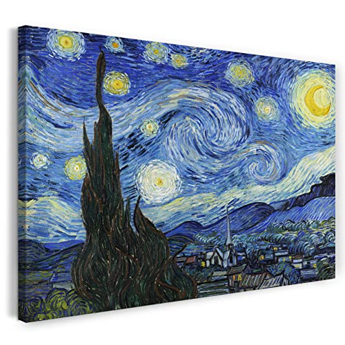 Leinwandbild (40x30cm) Vincent van Gogh: Die Sternennacht (1889), Leinwand auf Keilrahmen gespannt und fertig zum Aufhängen, hochwertiger Kunstdruck aus deutscher Produktion von Printed Paintings