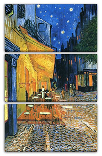 Printed Paintings Hochwertiges Leinwandbild 3-teilig (80x120cm): Vincent Van Gogh - Nachtcafé/Nachts vor dem Café an der Place du Forum in Arles (1888) von Printed Paintings