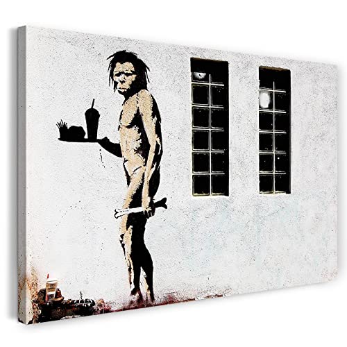 Printed Paintings Leinwand (100x70cm): Banksy - Neandertaler mit Knochen und McDonalds Menü Stree von Printed Paintings
