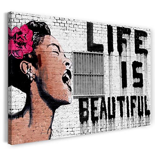 Printed Paintings Leinwand (60x40cm): Banksy - Life is Beautiful Frau mit Rose im Haar mit Schrif von Printed Paintings