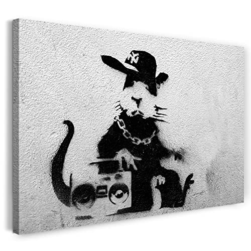 Printed Paintings Leinwand (60x40cm): Banksy - Ratte mit Ghettoblaster Rat Graffiti Kunst Street von Printed Paintings