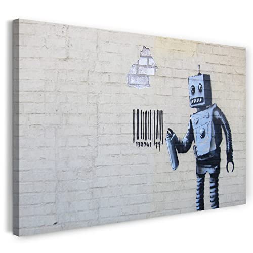 Printed Paintings Leinwand (60x40cm): Banksy - Roboter Robot sprüht Bar-Code auf Wand Graffiti-Wa von Printed Paintings