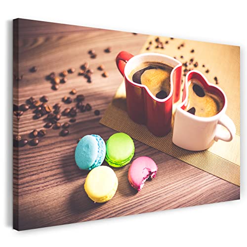 Printed Paintings Leinwand (60x40cm): Wandbild Bunte Macarons, Kaffee-Tassen Herzform, Kaffee-BOH von Printed Paintings