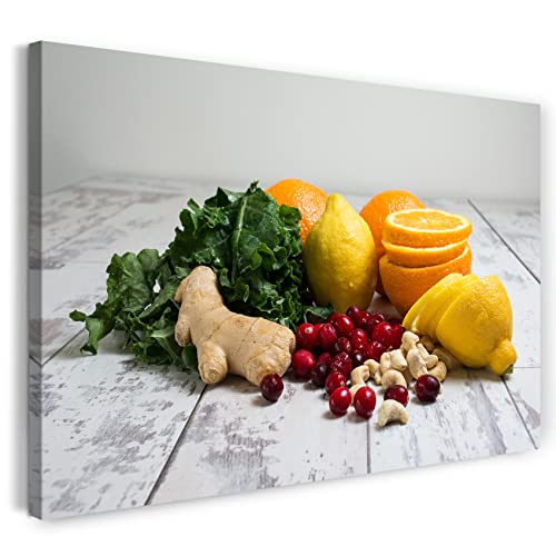 Printed Paintings Leinwand (80x60cm): Essensbilder Verschiedene Früchte, Gemüse, Obst auf Holztis von Printed Paintings