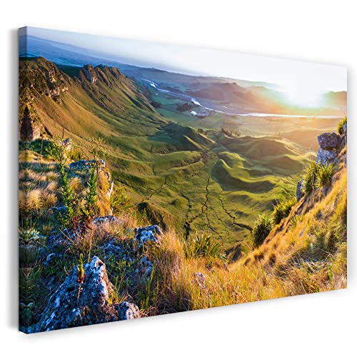 Printed Paintings Leinwand (80x60cm): Landschaftsbilder Grünes Tal mit bunten Blumen und Sonnenli von Printed Paintings