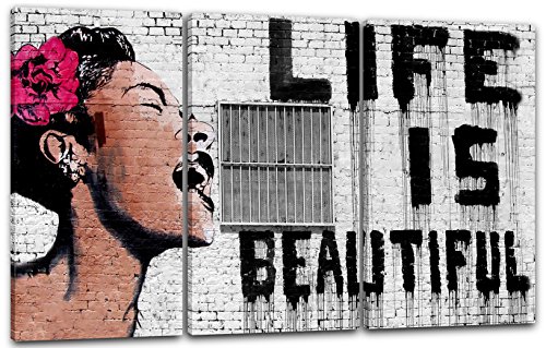 Printed Paintings Leinwand 3-teilig(120x80cm): Banksy - Life is Beautiful Frau mit Rose im Haar m von Printed Paintings