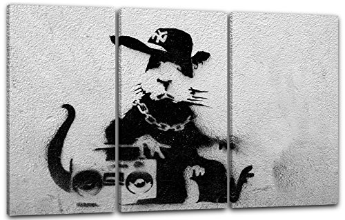 Printed Paintings Leinwand 3-teilig(120x80cm): Banksy - Ratte mit Ghettoblaster Rat Graffiti Kuns von Printed Paintings