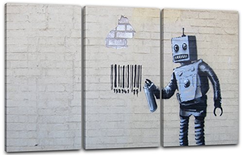 Printed Paintings Leinwand 3-teilig(120x80cm): Banksy - Roboter Robot sprüht Bar-Code auf Wand Gr von Printed Paintings
