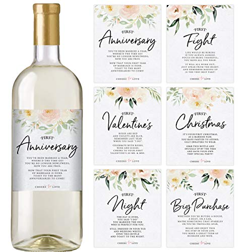 Weinflaschen-Etiketten, Blumen-Design, 6 Stück, wasserdicht, Hochzeitsgeschenk, Meilensteine, Hochzeitsanfänger von Printed Party