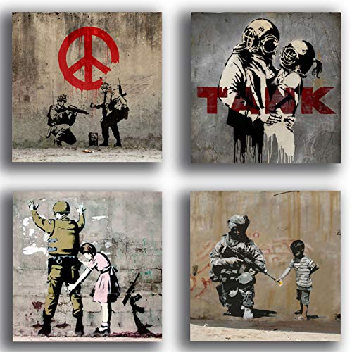 Moderne Bilder BANKSY Wandbild Street Art Frieden Soldat 4 Stück Druck auf Leinwand Canvas Möbel abstrakt XXL Wohnzimmer Schlafzimmer Küche Büro Bar Restaurant von Printerland