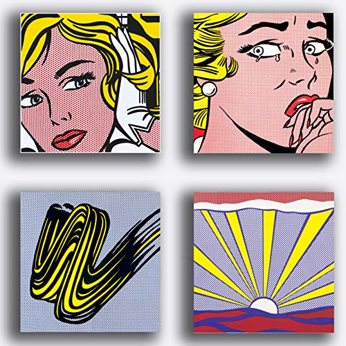 Moderne Gemälde im LICHTENSTEIN Stil 4 Stück 30 x 30 cm Pop Art Druck auf Leinwand Abstrakte Kunst XXL Möbel für Wohnzimmer Schlafzimmer Küche Büro Bar Restaurant von Printerland