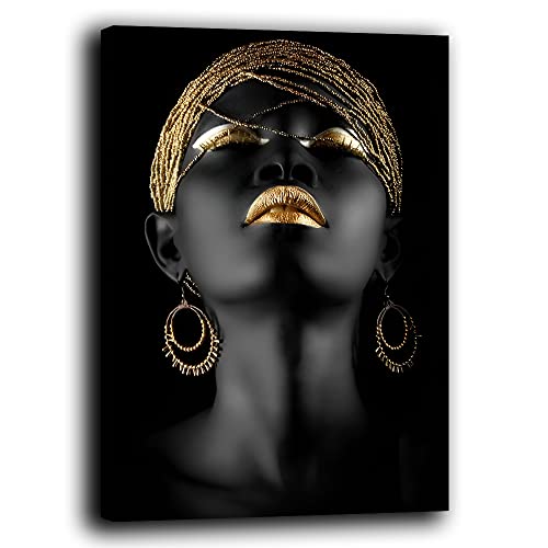 Moderne schwarze Frau Gold Gemälde Moderne Bilder Wohnzimmer Wand XXL Groß Leinwanddruck Wanddekoration Wanddekoration Schlafzimmer Küche (30x40cm, 6) von Printerland