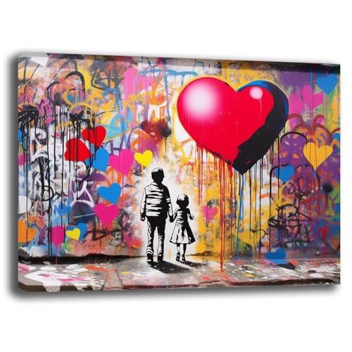 Modernes Bild, Herz, Kinder, Banksy Street Art, moderne Bilder, Wohnzimmer, Wandbild, XXL, großer Druck auf Leinwand, Wanddekoration, Schlafzimmer, Küche (10, 30 x 40 cm) von Printerland