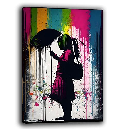Modernes Bild Banksy Mädchen mit Regenschirm Moderne Bilder Wohnzimmer Wand XXL Groß Leinwanddruck Wanddekoration Wanddekoration Schlafzimmer Küche (30x40cm, 4) von Printerland