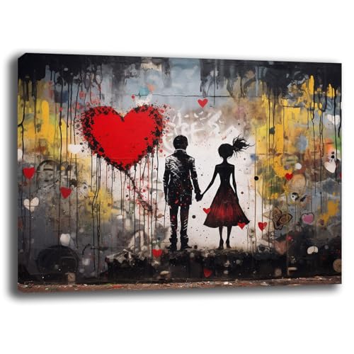 Modernes Bild für Herren und Damen, Herz, Liebe, Banksy Street Art, moderne Bilder, Wohnzimmer, Wandbild, XXL, großer Druck auf Leinwand, Wanddekoration, Schlafzimmer, Küche (1,30 x 40 cm) von Printerland