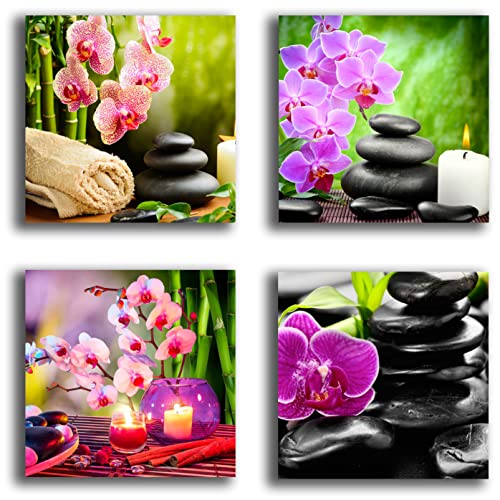 Printerland Gemälde Orchidee Zen Steine, 4 Stück, 30 x 30 cm, Karo Druck Leinwand Canvas, XXL, Dekoration für Wohnzimmer, Schlafzimmer, Küche, Büro, Wellnesszentrum von Printerland