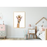 Tiermotiv, Giraffendruck, Rosa Brille, Kinderzimmer Wandkunst, Schlafzimmer Dekoration, Wanddeko, Wohnaccessoires, Tier von PrinteroUK