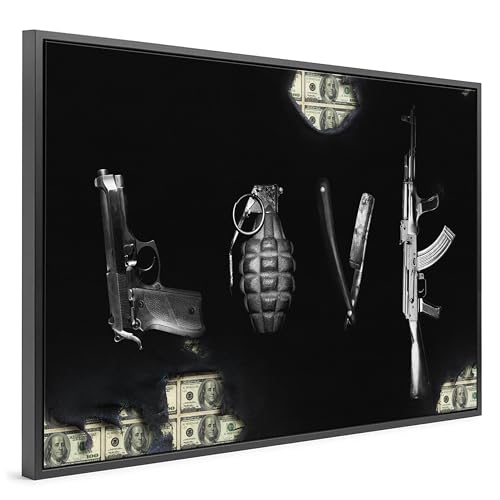 Wandbild PREMIUM Leinwand - Bild Mit Rahmen, Waffen Mafia Geld, Modern Kunst, Bild Art, Luxus Haus Dekoration, 120 x 80 cm von Printexstar