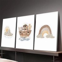 3Pcs Noah's Ark Nursery Wall Art - Neutral Animal Rainbow Canvas Prints, Baby Room Decor Set, Unframed Gift For Kids Or Shower von PrintglintWaren