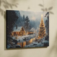 Christmas Cabin Canvas Wall Art Winter Forest With Lights & Tree, Cozy Holiday Landscape Painting, Festive Home Decor von PrintglintWaren